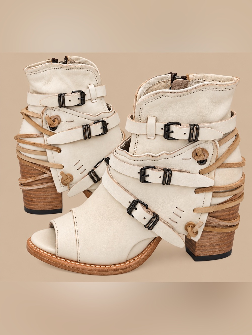 Freebird Carter Bone White Leather Buckle Open Toe Booties Size 9